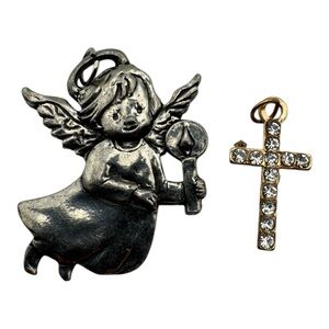 Vintage Pewter Angel Pendant & Rhinestone‎ Cross Charm